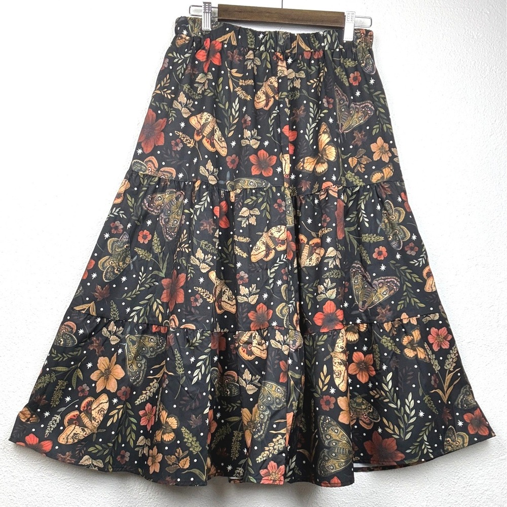 Unbranded Black Moth Floral Tiered Midi Skirt - M - Cottagecore Whimsigoth Fairy